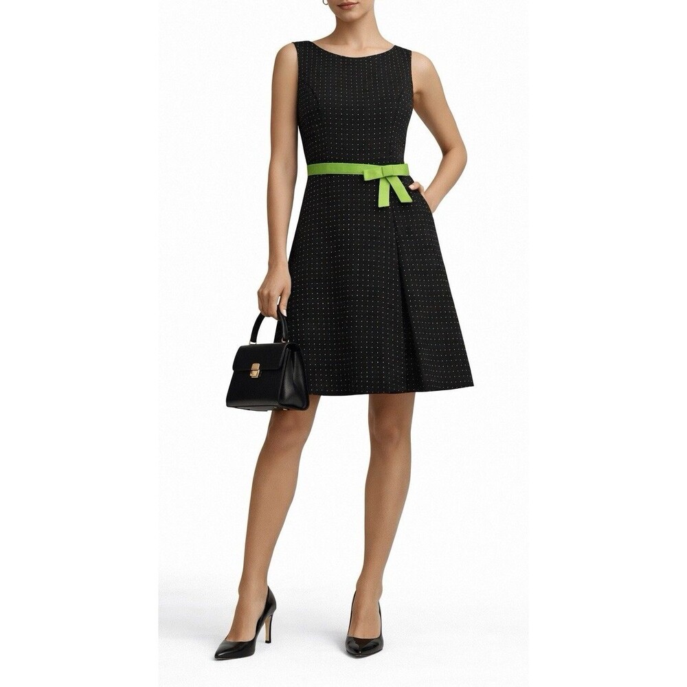 Vintage Jessica Howard Petite 8P Black Gold Dot Green Belted A-Line Dress USA